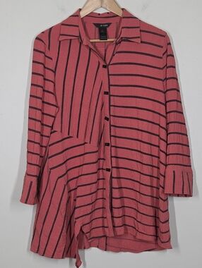 Ali Miles Coral Pink Stripe Crinkle Asymmetrical Button Up Tunic Top S Boho Art